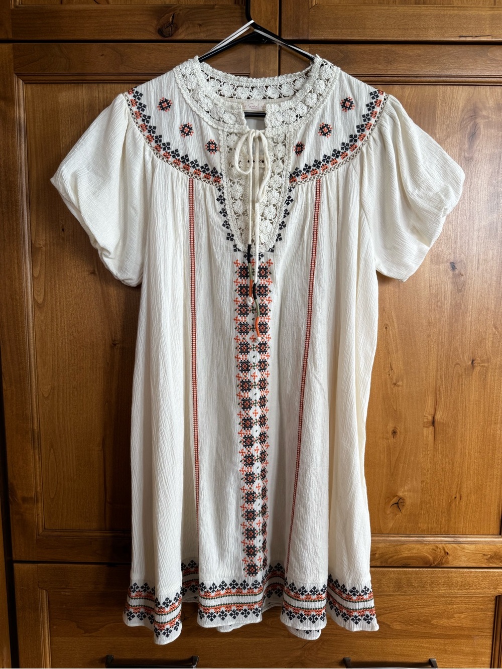 Easel Boho Embroidered White Peasant Top with Lace Tie